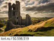 Ruins of abbotsbury abbey dominating the landscape under a cloudy sky. Стоковое AI-изображение, AI-художник Иван Рябоконь / Фотобанк Лори