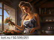 Woman arranging flowers in rustic kitchen setting. Стоковое AI-изображение, AI-художник Иван Рябоконь / Фотобанк Лори