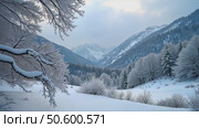 A snowy landscape with tree branches covered in snow, snowy mountains in the background, soft muted light, frontal view. Стоковое AI-видео, аниматор Sergey Grishin / Фотобанк Лори