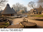 Reconstructed iron age village showing traditional roundhouses and animal enclosures. Стоковое AI-изображение, AI-художник Иван Рябоконь / Фотобанк Лори