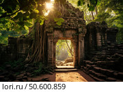 Sunlight illuminating ancient overgrown stone doorway in angkor wat temple complex. Стоковое AI-изображение, AI-художник Иван Рябоконь / Фотобанк Лори