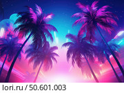 Palm trees at synthwave retro futuristic night with neon lights. Стоковое AI-изображение, AI-художник Иван Рябоконь / Фотобанк Лори