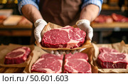 Butcher showcasing marbled raw steak emphasizing high-quality meat, farm-to-table movement, carnivore diet trend and premium food sourcing. Стоковое AI-изображение, AI-художник Igor Tichonow / Фотобанк Лори