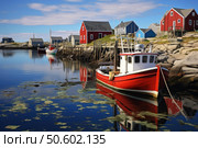 Red fishing boat moored in picturesque peggy's cove, nova scotia. Стоковое AI-изображение, AI-художник Иван Рябоконь / Фотобанк Лори