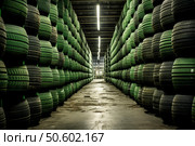 Large tires piling up inside warehouse storage facility. Стоковое AI-изображение, AI-художник Иван Рябоконь / Фотобанк Лори