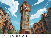 Clock tower dominating cityscape under blue sky with clouds. Стоковое AI-изображение, AI-художник Иван Рябоконь / Фотобанк Лори