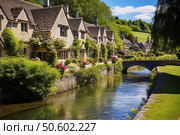 Picturesque cotswolds stone cottages lining the eye river in lower slaughter, gloucestershire, england. Стоковое AI-изображение, AI-художник Иван Рябоконь / Фотобанк Лори
