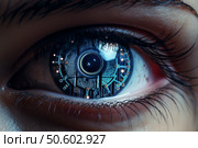 Bionic eye showing futuristic technologies and artificial intelligence. Стоковое AI-изображение, AI-художник Иван Рябоконь / Фотобанк Лори