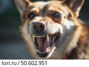 Aggressive dog showing teeth and growling in close up. Стоковое AI-изображение, AI-художник Иван Рябоконь / Фотобанк Лори