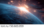 Meteor Shower Over Earth. Стоковое AI-изображение, AI-художник Кирилл Черезов / Фотобанк Лори