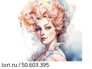 A watercolor portrait of a young woman in a stylized 18th century style. Her gaze is full of confidence and light irony, and her face is framed by a lush, curled hairstyle in light pink and gold tones. The outfit is decorated with frills and lace, which emphasizes the sophistication and elegance of the era. The palette is soft, pastel, with airy brushstrokes in blue, pink and peach shades. The illustration combines the lightness of watercolor and the expressiveness of a classic portrait, ideally suited to the themes of femininity, historical fashion, art and romance. Стоковое AI-изображение, AI-художник Анна Кривицкая / Фотобанк Лори