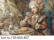 A luxurious digital illustration in the style of the Rococo era depicts a noble lady elegantly drinking tea at a richly served table. The woman is dressed in an exquisite dress with puffy sleeves, expensive jewelry and a high hairstyle decorated with flowers. The interior is dominated by warm and soft tones, an abundance of details: porcelain dishes, plates with pastries and fruits, carved textiles. The atmosphere of refined aristocratic life, a symbol of luxury, grace and classical beauty. Стоковое AI-изображение, AI-художник Анна Кривицкая / Фотобанк Лори