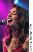 A woman sings in karaoke. Vocal lessons. Emotional performance of songs. A beautiful girl performs songs with a pair of jazz and ballads. Musical karaoke club. Стоковое AI-видео, аниматор Sergey Grishin / Фотобанк Лори