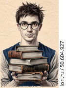 Студент со старыми книгами. Графический рисунок на мятой бумаге. A student with books. A graphic drawing on crumpled paper. Стоковое AI-изображение, AI-художник Смирнова Светлана / Фотобанк Лори
