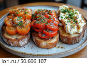 A delicious photo of three bruschettas on toasted bread, placed on a ceramic plate. One of the bruschettas is decorated with yellow cherry tomatoes, the second with red cherry tomatoes, and the third with cream cheese and herbs. The dish is seasoned with freshly ground pepper, salt, and olive oil. The perfect combination of simplicity and gastronomic aesthetics. Suitable for cooking, recipes, restaurant menus, healthy eating, and food photography. Стоковое AI-изображение, AI-художник Анна Кривицкая / Фотобанк Лори