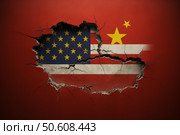 United states and china flags emerging from cracked wall, symbolizing political tensions. Стоковое AI-изображение, AI-художник Иван Рябоконь / Фотобанк Лори