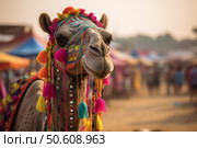 Decorated camel wearing colorful tassels at the pushkar fair in rajasthan, india. Стоковое AI-изображение, AI-художник Иван Рябоконь / Фотобанк Лори