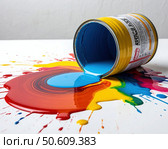 A can of paint has been opened and is dripping onto a white surface. Стоковое AI-изображение, AI-художник Ярославский Максим / Фотобанк Лори