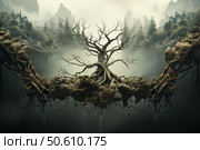 Surreal landscape with leafless tree and ruined castles growing on floating island. Стоковое AI-изображение, AI-художник Иван Рябоконь / Фотобанк Лори