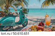 Tropical Beach Getaway With Blue Scooter and Fresh Fruit Picnic. Стоковое AI-видео, аниматор Юлия Гапеенко / Фотобанк Лори