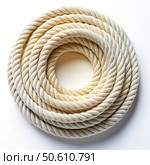 Cream-Colored Rope Coiled in a Circle on a White Background. Generative AI. Стоковое AI-изображение, AI-художник Roman Zavorotny / Фотобанк Лори