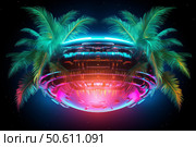 Futuristic spaceship hovering in the starry sky with palm trees, neon lights, and vibrant colors. Стоковое AI-изображение, AI-художник Иван Рябоконь / Фотобанк Лори