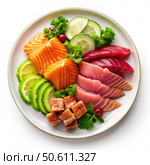 Sash Plate With Tuna, Salmon, and Shrimp, Garnished With Avocado and Cucumber. Generative AI. Стоковое AI-изображение, AI-художник Roman Zavorotny / Фотобанк Лори