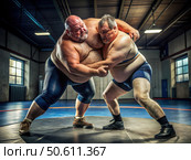 Two Men Grappling During Intense Wrestling Match in a Gym. Generative AI. Стоковое AI-изображение, AI-художник Roman Zavorotny / Фотобанк Лори