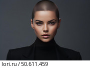 Businesswoman with shaved head wearing black suit and turtleneck. Стоковое AI-изображение, AI-художник Иван Рябоконь / Фотобанк Лори