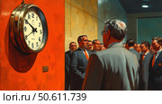 Retro style illustration of a group of men in business suits gathered in a hallway in front of a large wall clock. The interior is decorated in bright contrasting colors, with a red wall in the foreground and soft light falling from above. The men's gaze is focused on the clock, creating an atmosphere of tense anticipation, an important moment or a collective decision. The composition evokes associations with themes of corporate culture, discipline, deadlines and uniformity. Стоковое AI-изображение, AI-художник Анна Кривицкая / Фотобанк Лори