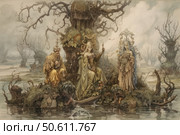 A fairytale fantasy illustration depicting three majestic mythical creatures on a small island in the middle of a marshy area. In the center sits a queen with a scepter in her hands, flanked by a bearded king in a golden cloak and a graceful fairy with a wreath of flowers. Behind her rises a tree with bare branches, and around her is a gloomy landscape with flooded trees and fog. The water reflects the magical scene. The picture is filled with an atmosphere of mysticism, nature and ancient mythology. Стоковое AI-изображение, AI-художник Анна Кривицкая / Фотобанк Лори