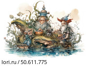 Fantasy illustration with three fairy-tale elders sitting on the shore or a small island surrounded by winding plants and water surface. Each character has an expressive appearance, colorful outfits and accessories - baskets, a teapot, dishes with treats. The illustration is made in watercolor technique, with fine drawing of details, creates an atmosphere of magic, comfort and a kind fairy tale. Ideal for the design of children's books, fantasy stories and fairy-tale projects. Стоковое AI-изображение, AI-художник Анна Кривицкая / Фотобанк Лори