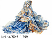 Watercolor illustration of a girl in a traditional Russian or Eastern European outfit, done in blue and gold tones. She sits with her head bowed, in a thoughtful and soft pose. Richly decorated clothes with patterns, a headscarf with lace trim and graceful details create an atmosphere of antiquity, silence and deep inner beauty. Light transparent fabrics flow smoothly across the floor, emphasizing femininity and grace. The image is perfect for book covers, cultural projects, calendars and postcards. Стоковое AI-изображение, AI-художник Анна Кривицкая / Фотобанк Лори