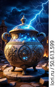 A white stone magic vase under a stormy sky, illuminated by lightning. Стоковое AI-изображение, AI-художник Анастасия Пальчикова / Фотобанк Лори