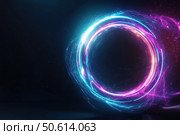 A futuristic neon ring emits a blend of electric blue and purple. The double-ring structure floats over a dark gradient, exuding a cyberpunk digital aesthetic with mesmerizing depth. Стоковое AI-изображение, AI-художник Nart / Фотобанк Лори