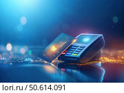 A futuristic digital payment scene features a glowing microchip credit card linking to a sleek POS terminal. The neon-blue background and intricate metallic details highlight premium security technology. Стоковое AI-изображение, AI-художник Nart / Фотобанк Лори