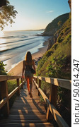 Handheld shot of camera follow young woman in casual clothes and shorts walk down wooden stairs to secluded beautiful beach for evening surfing session. Millennial female girl. Стоковое AI-видео, аниматор Sergey Grishin / Фотобанк Лори