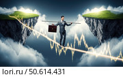Professional man keeping his balance on tightrope between two floating islands, this is symbol of great risk management and career success. Стоковое AI-изображение, AI-художник Павел Муравьев / Фотобанк Лори