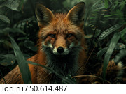 Red fox hiding in the forest. Стоковое AI-изображение, AI-художник Иван Рябоконь / Фотобанк Лори