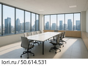 Conference room featuring white rectangular table, neutral swivel chairs, panoramic windows overlooking downtown skyline, daylight fostering creative corporate planning. Стоковое AI-изображение, AI-художник Павел Муравьев / Фотобанк Лори
