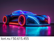 Futuristic neon lit sports car shining in dark studio. Стоковое AI-изображение, AI-художник Иван Рябоконь / Фотобанк Лори