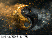 Golden and black yin yang symbol rotating in a cloud of particles. Стоковое AI-изображение, AI-художник Иван Рябоконь / Фотобанк Лори