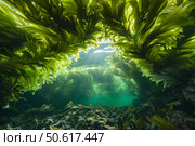 Sunlight piercing through canopy of giant kelp in underwater forest. Стоковое AI-изображение, AI-художник Иван Рябоконь / Фотобанк Лори