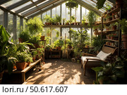 Lush greenery thrives in a sunlit greenhouse, creating a tranquil atmosphere. Стоковое AI-изображение, AI-художник Иван Рябоконь / Фотобанк Лори