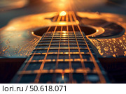 Acoustic guitar strings gleaming in golden sunset light. Стоковое AI-изображение, AI-художник Иван Рябоконь / Фотобанк Лори