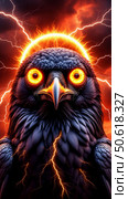 A fiery-eyed raven on a red background, filled with electrified energy. Стоковое AI-изображение, AI-художник Анастасия Пальчикова / Фотобанк Лори