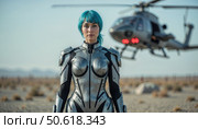 Futuristic woman in silver armor standing in desert with helicopter. Стоковое AI-изображение, AI-художник Андрей Бажанов / Фотобанк Лори