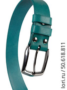 Green leather belt with metal buckle close-up on a white background. Стоковое фото, фотограф Лазаренко Светлана / Фотобанк Лори