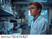 A young scientist in a white lab coat stands in a modern scientific laboratory. He looks intently towards the shelves with laboratory equipment and chemical reagents. The background is blurred, with various devices and glassware, which creates an atmosphere of technological progress and scientific research. This image is ideal for topics related to medicine, biotechnology, pharmaceuticals and education. Стоковое AI-изображение, AI-художник Анна Кривицкая / Фотобанк Лори