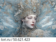A fantastic portrait of a woman in a luxurious headdress, richly decorated with jewels, feathers, flowers and exquisite ornaments. The heroine's face is distinguished by porcelain skin and delicate features, creating the impression of a magical queen or goddess. The entire composition is made in a cold palette with a predominance of silver-blue tones, which gives the work a sense of magic, coldness and sophistication. Ideal for themes of fantasy, art, fairy tales, mythology, jewelry design and beauty. Стоковое AI-изображение, AI-художник Анна Кривицкая / Фотобанк Лори